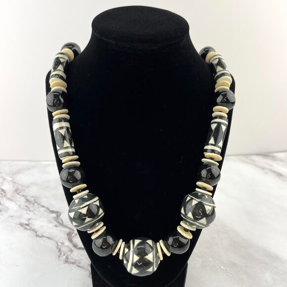 Hand Made Necklace Ceramic Beaded Chunky Statement Boho Black and White Jewelry - Picture 2 of 10